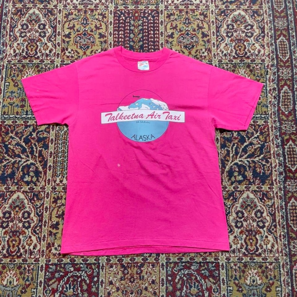 VTG‎ 90s Talkeetna Air Taxi Mt McKinley Alaska destination tee shirt L USA pink